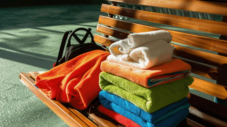 Colorful towels stacked on bench