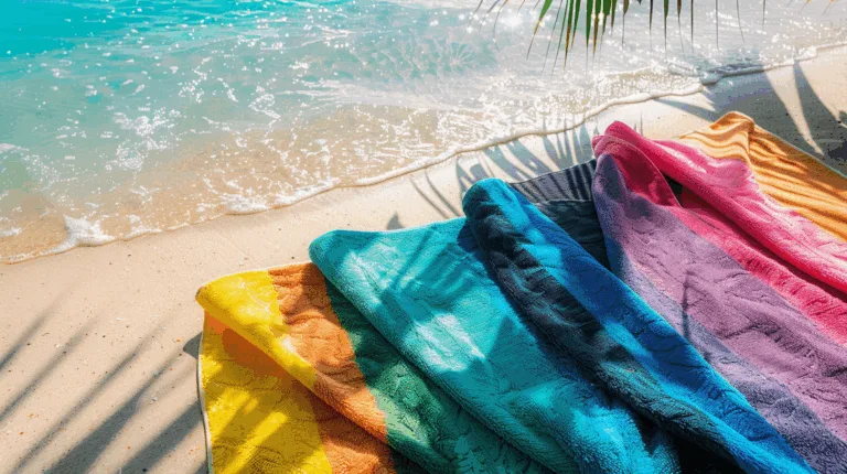 Colorful towels on sandy beach