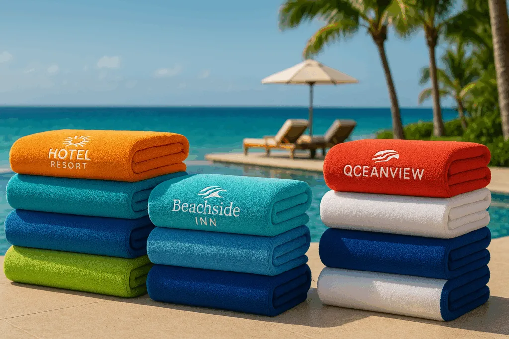 custom logo beach towels in bulk for resorts and hotels