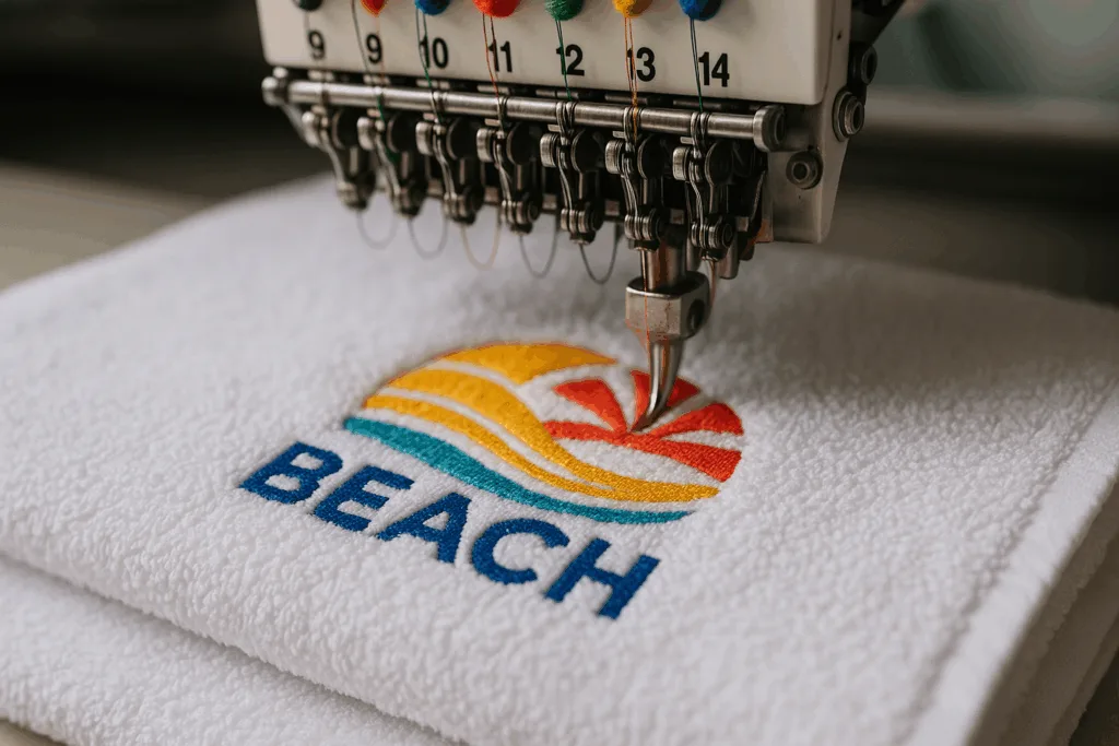 embroidery machine stitching custom logo on beach towel