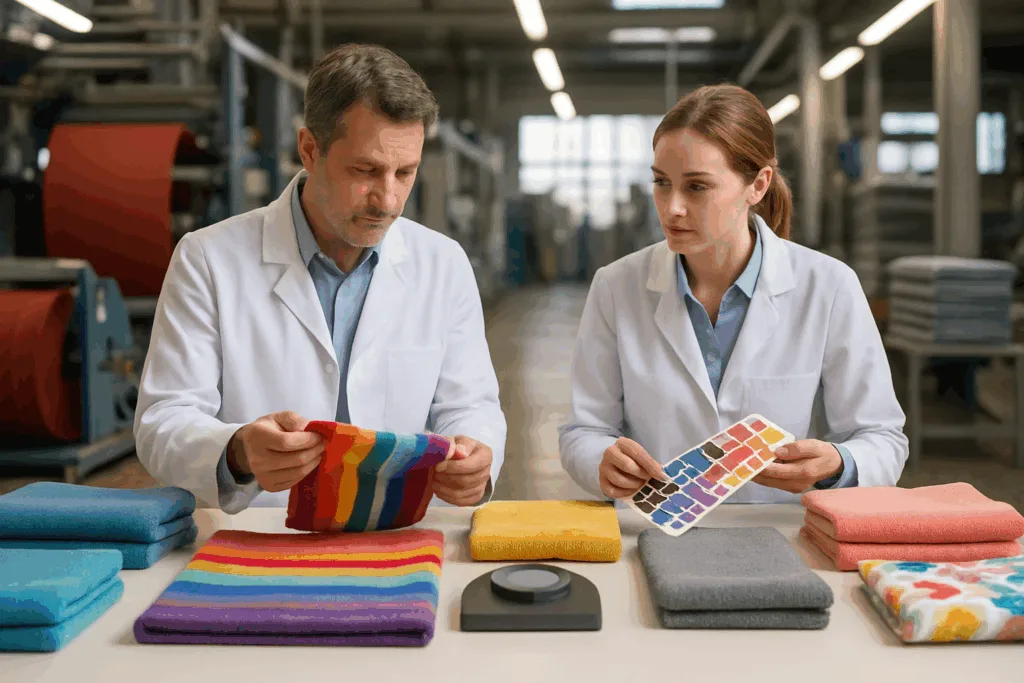 Experts verify colorfastness of jacquard towels at a modern dyeing and printing station, ensuring branding consistency.