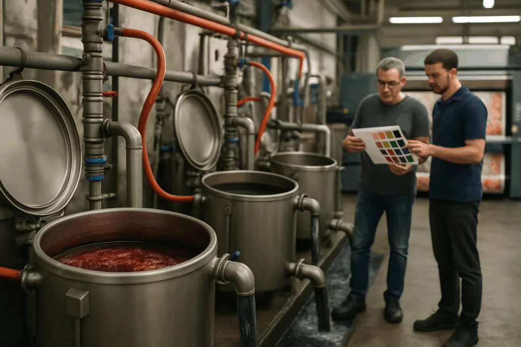 A modern towel dyeing facility showcasing reactive dye baths and digital print technology with visible water recycling systems.