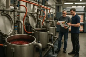 A modern towel dyeing facility showcasing reactive dye baths and digital print technology with visible water recycling systems.