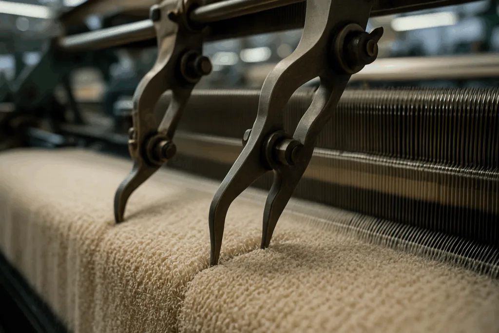 A bustling textile mill shows a computerized loom weaving dense terry loops—vital for absorbency and softness—demonstrating technical excellence in bulk towel manufacturing.