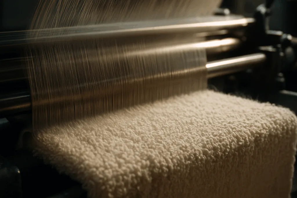A high-speed loom weaves terry towel loops, highlighting loop structure, machinery detail, and fiber orientation.