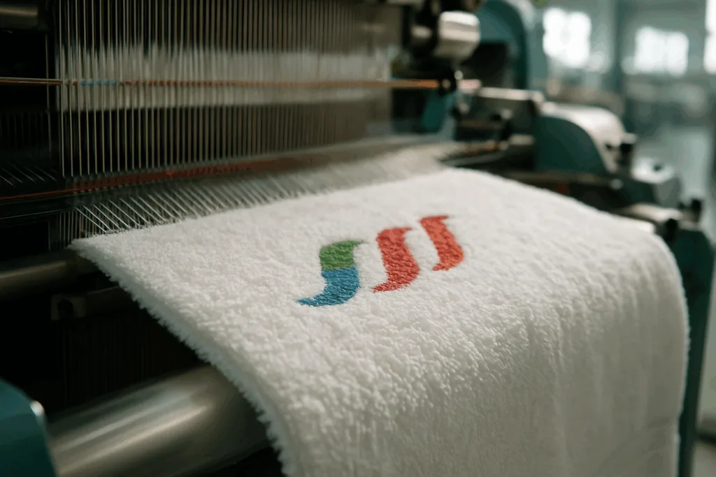 A modern textile mill with a jacquard loom producing plush custom logo towels. Multi-colored yarns form intricate logo patterns in the towel's fabric.