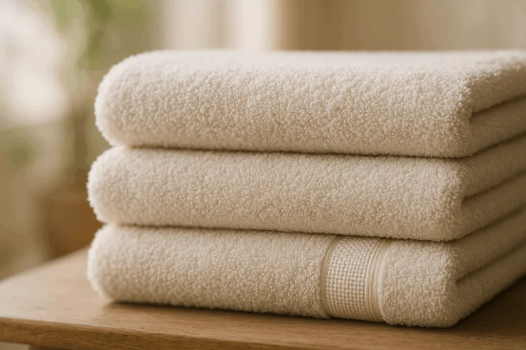 Lifestyle image of luxury bath towels stacked to reveal their dobby borders and close-up loop detail illustrating difference between combed and ringspun cotton.