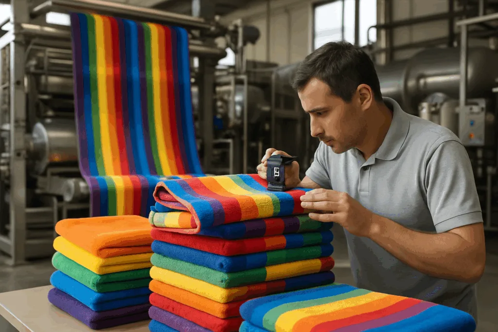 Modern dyeing department for cotton towels, illustrating reactive dye baths, color matching assessment, and sustainability-focused equipment.