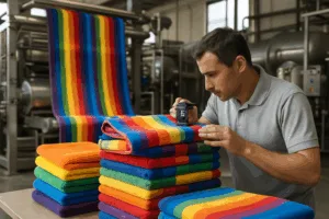 Modern dyeing department for cotton towels, illustrating reactive dye baths, color matching assessment, and sustainability-focused equipment.