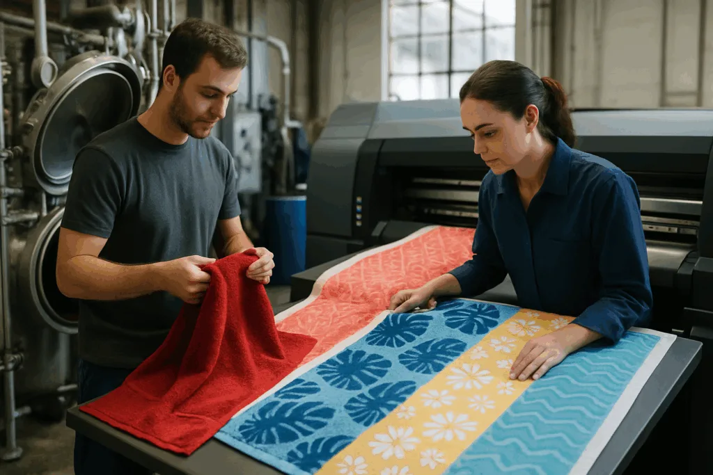 Technicians inspect towels on a production line featuring both reactive dye baths and advanced digital printing, evaluating vibrant custom designs.