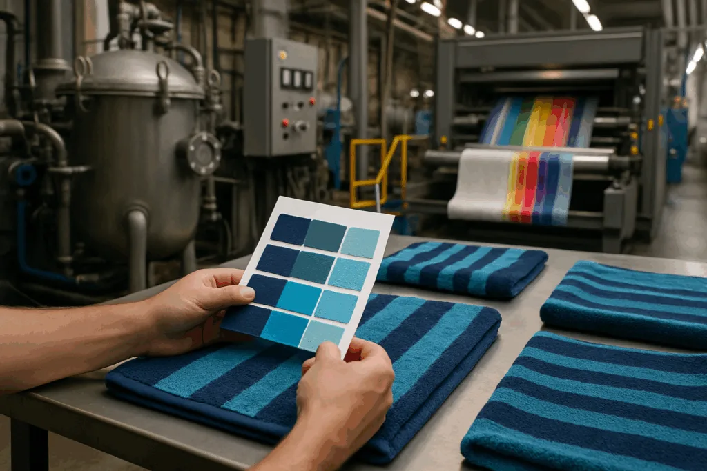 View of advanced dyeing and printing operation with color matching for stable towel dimensions.