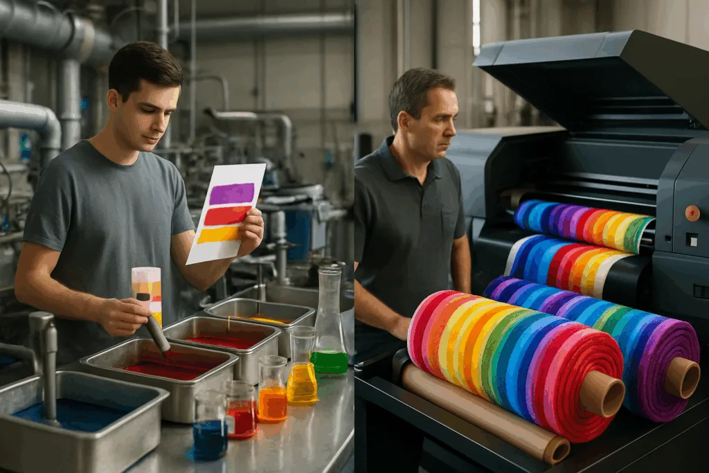 A towel factory showcases precision dyeing and digital printing, with teams ensuring colorfastness through modern lab techniques.