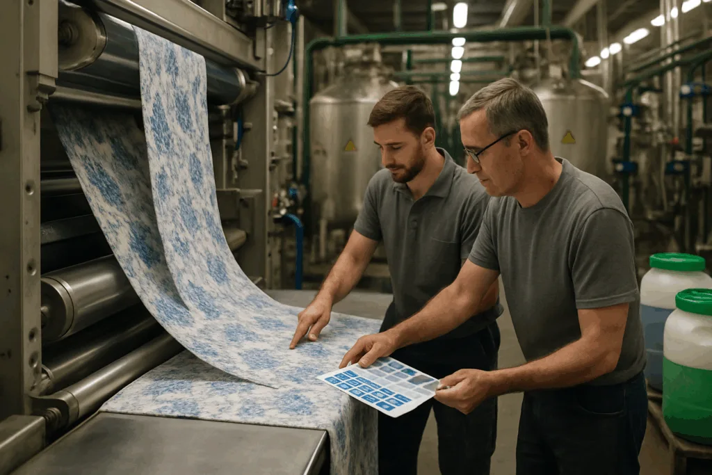 A dyeing and printing line for towels with color shade approval, featuring sustainable chemical containers and technicians verifying batch consistency.