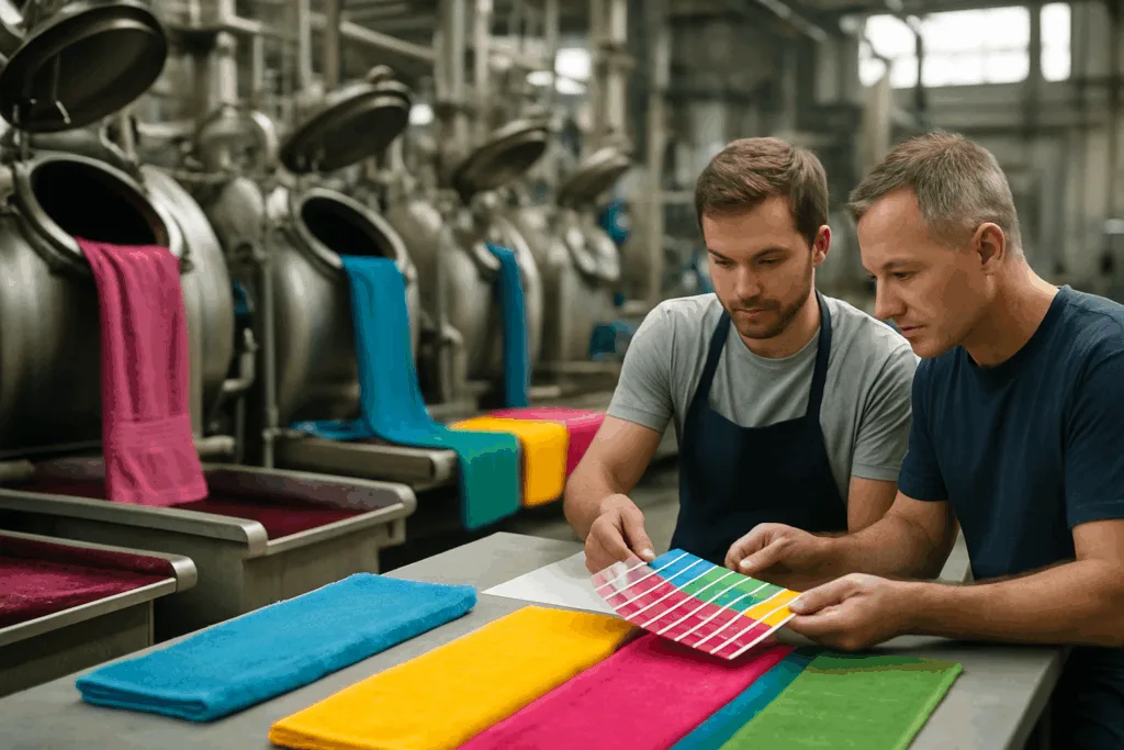 Technicians and engineers manage color approval and digital print on advanced towel dyeing equipment.