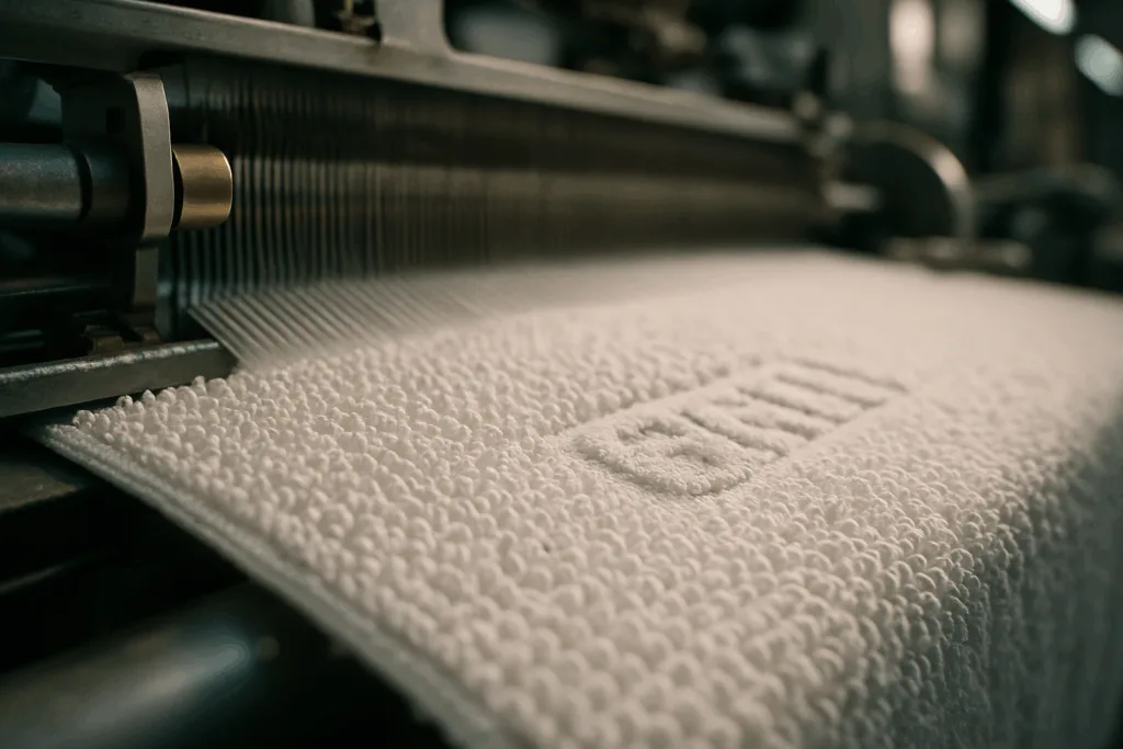 A detailed image showing a high-speed jacquard loom weaving terry loops with a logo motif.