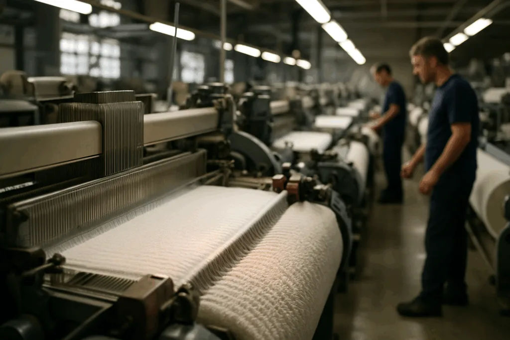 High-speed looms weaving soft terry towels using eco-friendly organic cotton yarn, highlighting fiber structure and production precision.