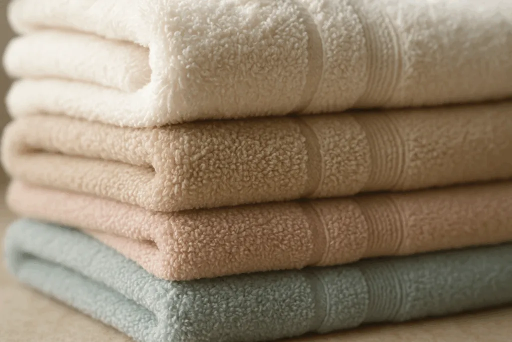 Plush, soft towels in a neat stack with borders visible, highlighting the difference in texture and size among towel types.