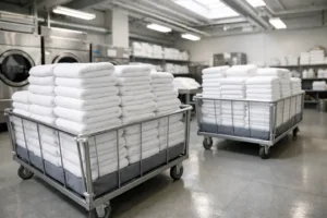 A cinematic wide-angle view of a commercial laundry room with neatly stacked white hotel towels on rolling carts, showcasing the process of handling bulk towels for sale in hospitality settings.