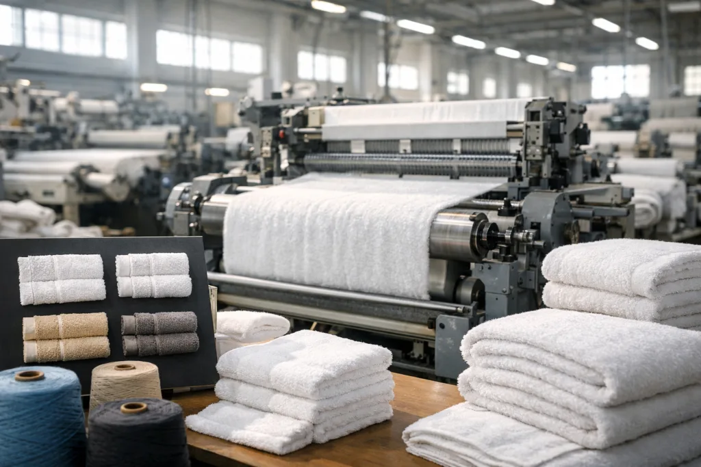 A production floor view of a contemporary towel factory, showing weaving machines and quality sampling—a visual context for how to choose a towel manufacturer.