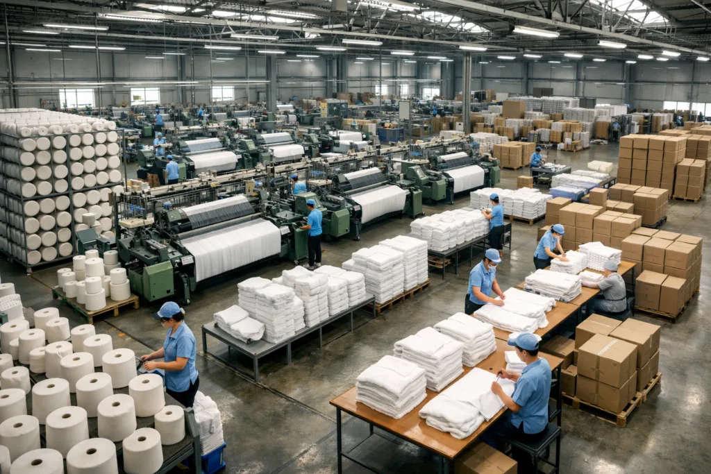 A photo-realistic high-angle scene inside a textile factory showing the flow from yarn to finished towels, emphasizing key production and quality stages.
