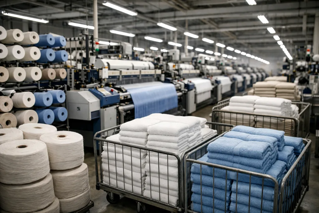 A photo-realistic view of a towel manufacturer's factory, highlighting textile machines, yarn supplies, and stacks of towels ready for quality inspection.
