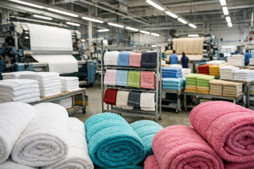 A photo-realistic, cinematic view of a state-of-the-art towel factory floor, highlighting the core differences between towels manufacturer vs towels supplier with production lines, quality checks, and organized towel stacks.