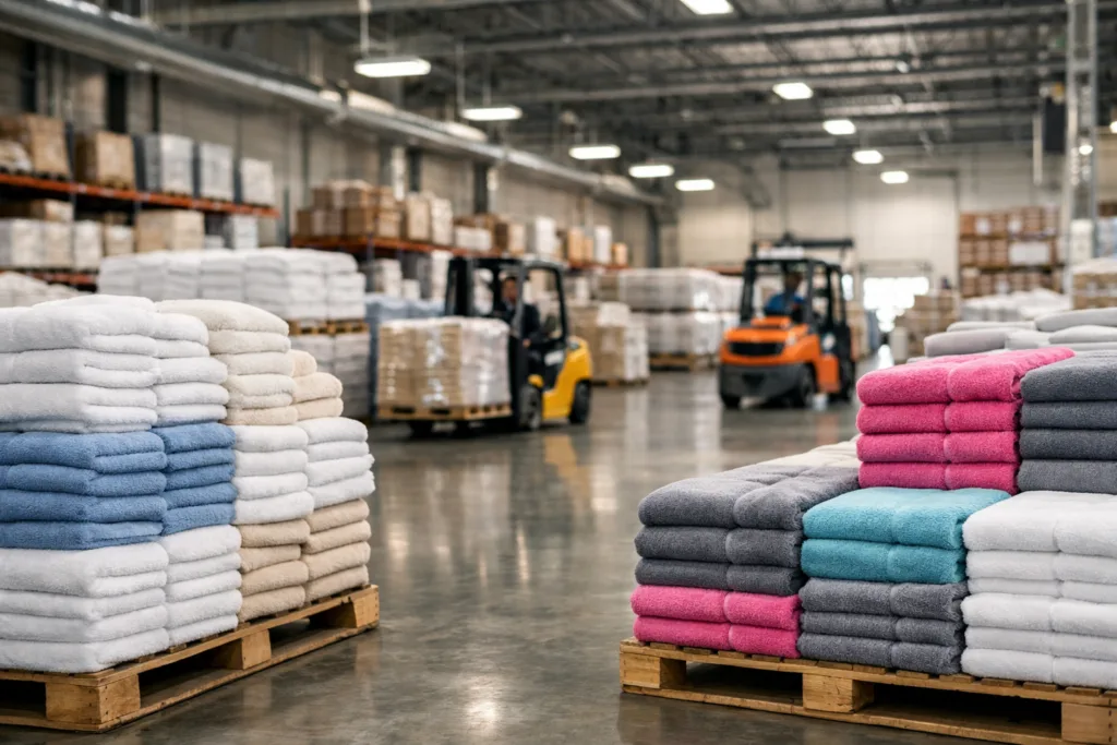 A cinematic view of a textile warehouse showing racks of towels being managed by a supplier, illustrating inventory and supply chain logistics.