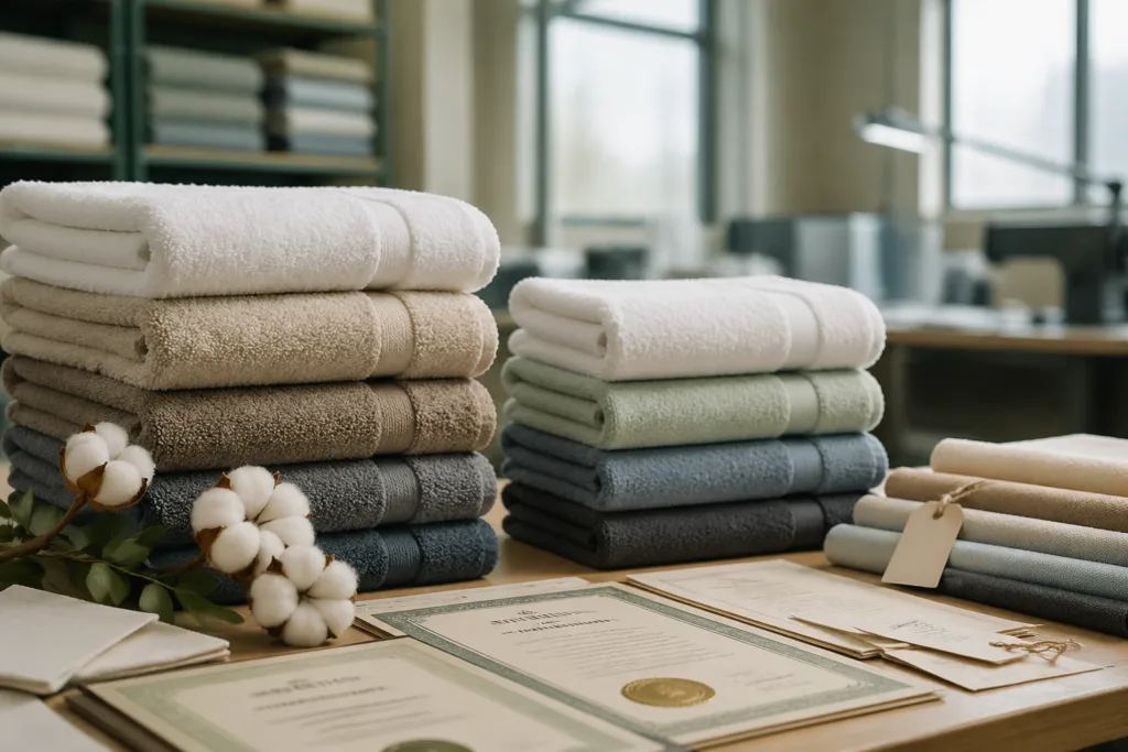 A visually realistic scene of towel samples with certification labels and compliance forms, illustrating the foundations of towel industry compliance.