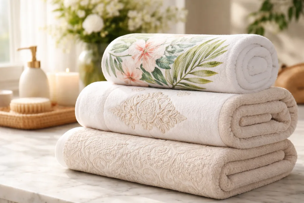 A premium collection of towels demonstrating the visual and textural differences of custom printed, embroidered, and jacquard branding in a hospitality presentation.