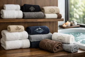 A variety of custom towels with different logo applications, highlighting the possibilities of towel customization for hotels and spas.