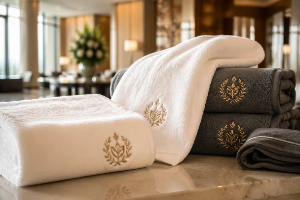 A stack of premium cotton and microfiber towels with embroidered and printed logos arranged on a polished hotel counter, showcasing how custom towels with logo elevate brand perception.