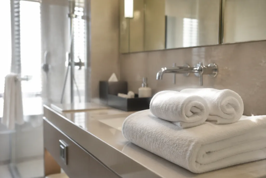 Bright and welcoming hotel bathroom with premium towels, highlighting the importance of quality and presentation in hospitality environments.