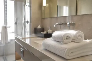 Bright and welcoming hotel bathroom with premium towels, highlighting the importance of quality and presentation in hospitality environments.