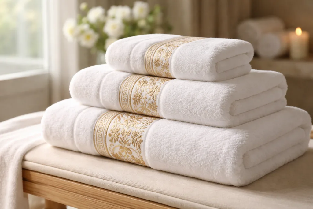 A cinematic view showing premium hotel towels featuring golden custom embroidery, highlighting the raised stitch texture and clean finishing.