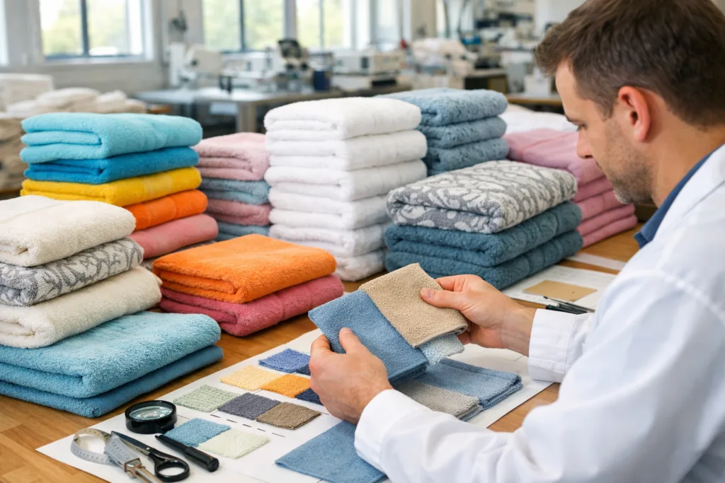 Photo-realistic shot inside a modern towel factory showing OEM towels, private label towels, wholesale towels, and custom towels for brand sourcing.