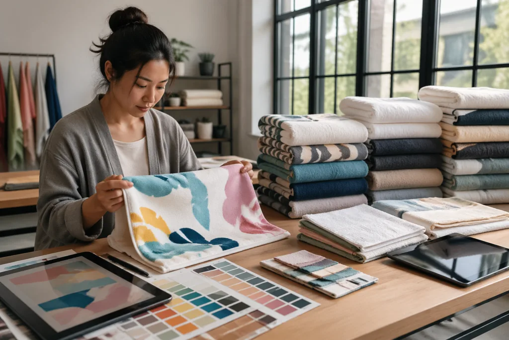 A side-by-side view of a personalized towel and bulk towel stacks demonstrates the contrast in production approach and finish quality.