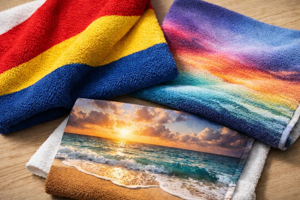 Side-by-side closeup photo of custom printed towels displaying screen printing, digital printing, and heat transfer differences on towel surfaces.