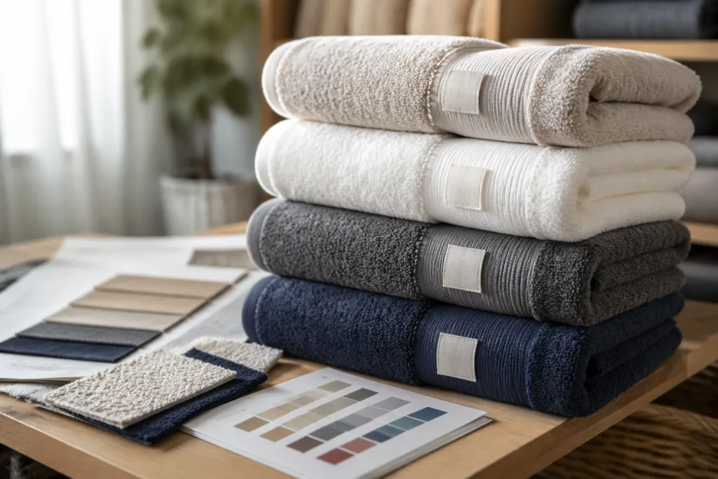 Stacked private label towels illustrating custom branding and textile selections for manufacturers and buyers.