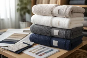 Stacked private label towels illustrating custom branding and textile selections for manufacturers and buyers.