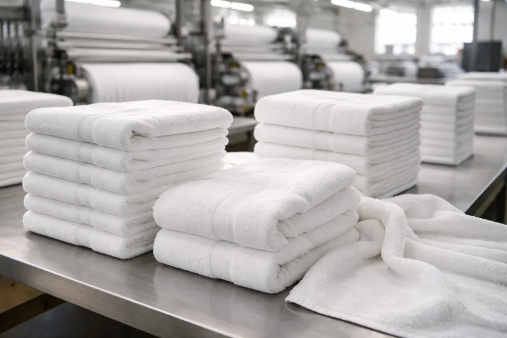 Factory floor featuring fresh white cotton towels and branded samples, conveying the beginning steps for starting a private label towel brand.