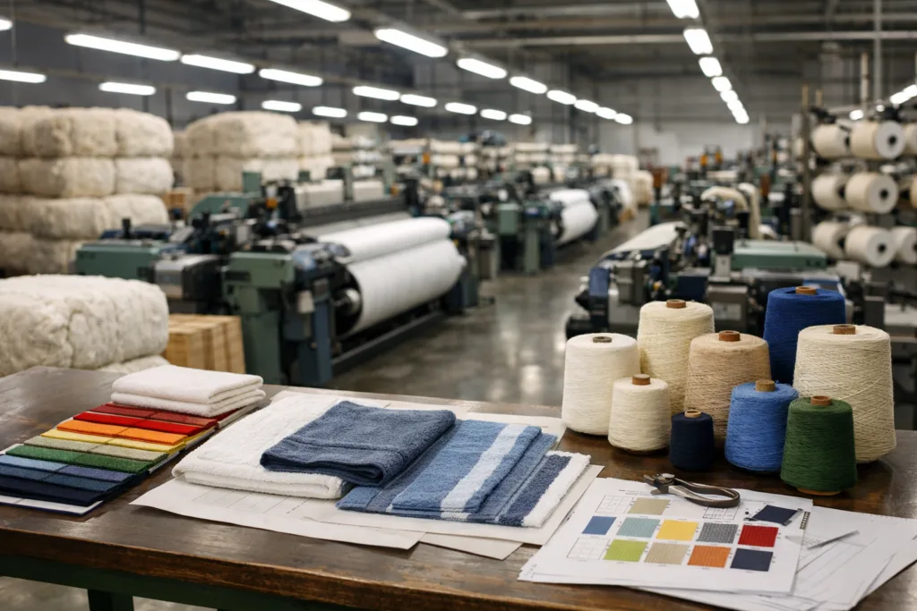 A detailed factory view highlighting the start of the private label towel manufacturer checklist: yarn selection, weaving machines, and textile planning in a professional setup.