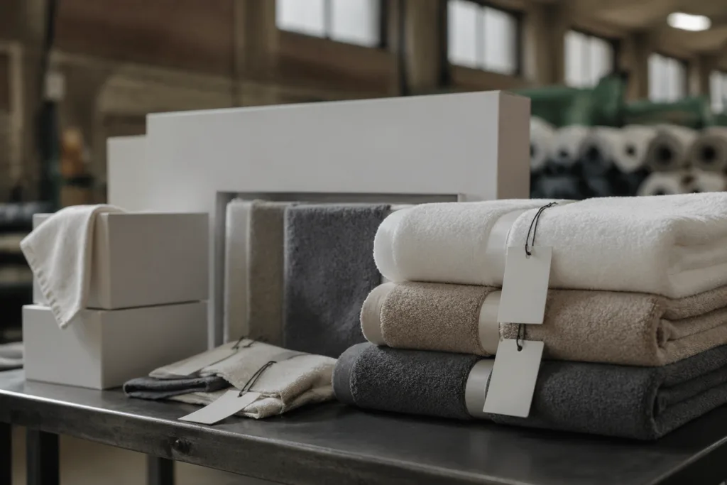 An inviting retail scene showing custom towel packaging elements: hang tags, care labels, and cartons, highlighting private label towel packaging strategies.