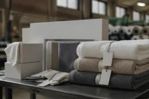 An inviting retail scene showing custom towel packaging elements: hang tags, care labels, and cartons, highlighting private label towel packaging strategies.
