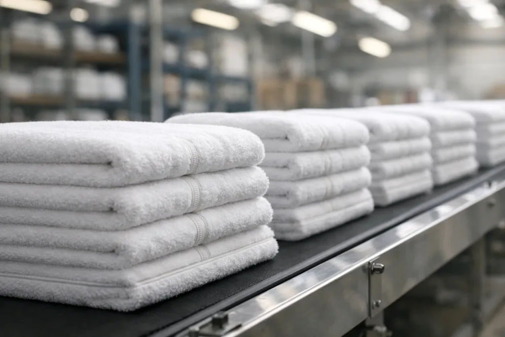 High-resolution image of branded towels ready for distribution, illustrating the quality and variety possible in private label towel production.