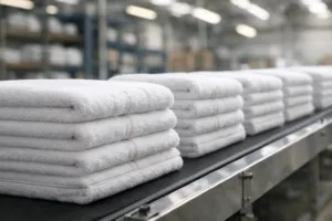 High-resolution image of branded towels ready for distribution, illustrating the quality and variety possible in private label towel production.