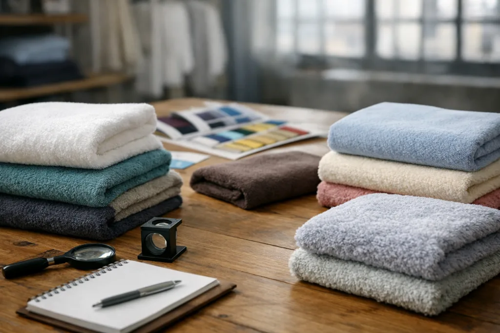 A close-up view of sample order towels in different materials and colors arranged with swatches and quality check tools in a factory showroom.