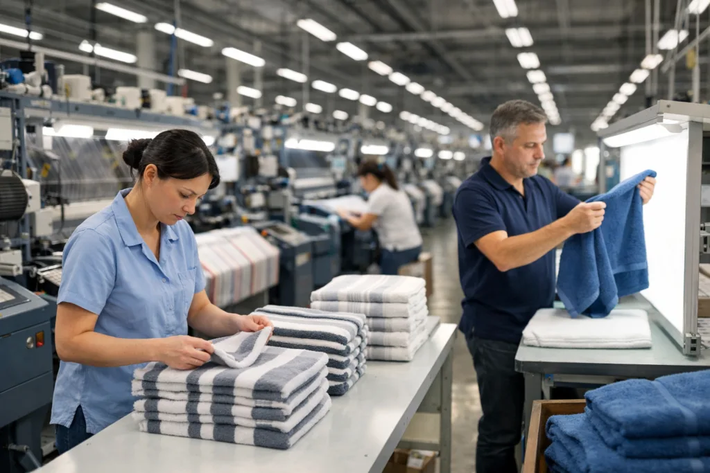 A visual overview of a towel factory during a supplier audit, highlighting quality inspection and machinery to guide B2B buyers.