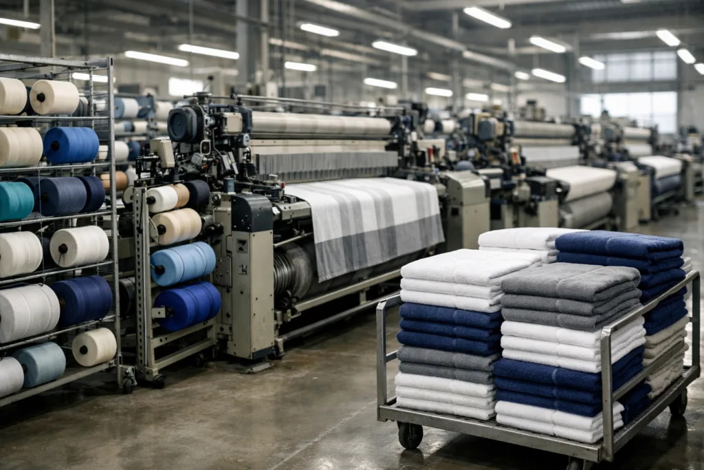 A state-of-the-art towel production facility showing weaving looms, multiple fabric types, and branded towel samples to illustrate minimum order quantity and cost factors.