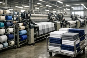 A state-of-the-art towel production facility showing weaving looms, multiple fabric types, and branded towel samples to illustrate minimum order quantity and cost factors.