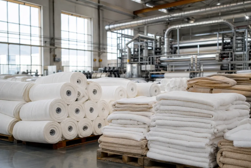 A cinematic interior view of a US towel manufacturing facility, highlighting premium cotton inventory and finished towels—showcasing american towel manufacturers' higher standards.